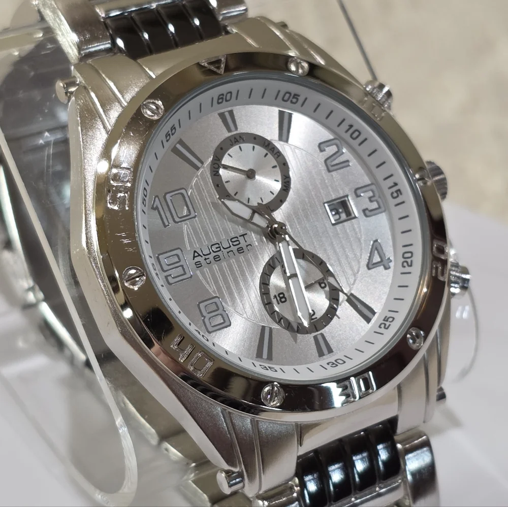 August Steiner Men's AS8070SS Swiss Quartz Month Date Silvertone Wrist Watch